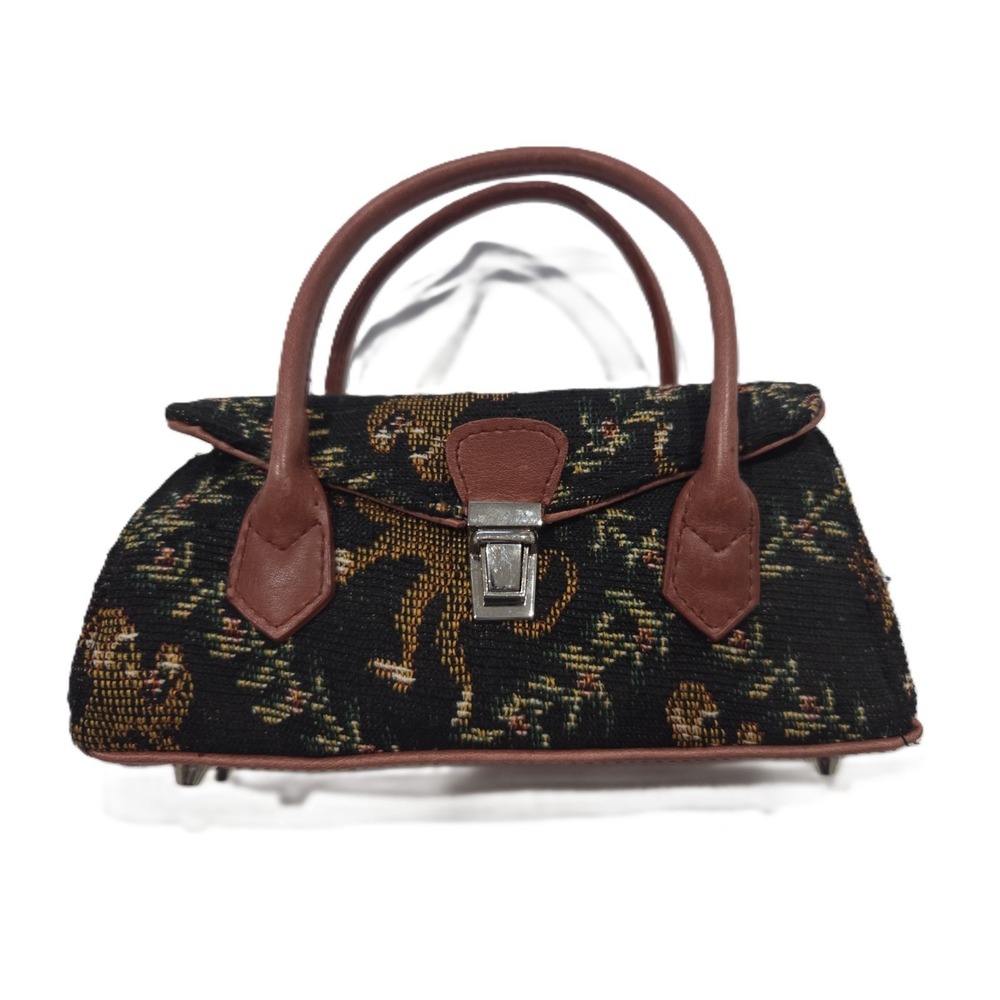 Small Leather & Black Tapestry Monkey Vintage Style Purse Handbag (read)